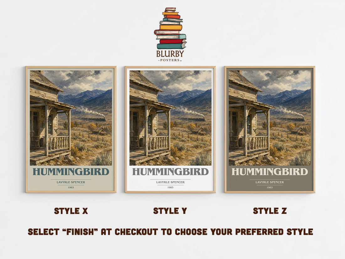 Hummingbird book cover print in frame leaning in hallway – romance wall art (mockup)