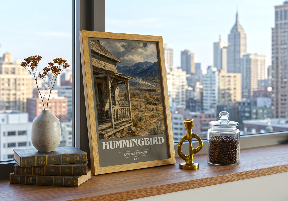 Hummingbird book cover print framed by window – literary home decor