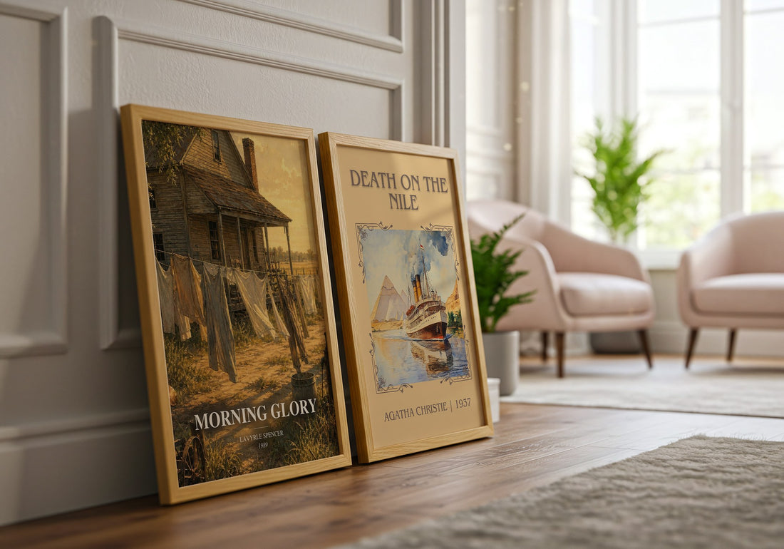 Morning Glory watercolour print framed by window – literary home decor
