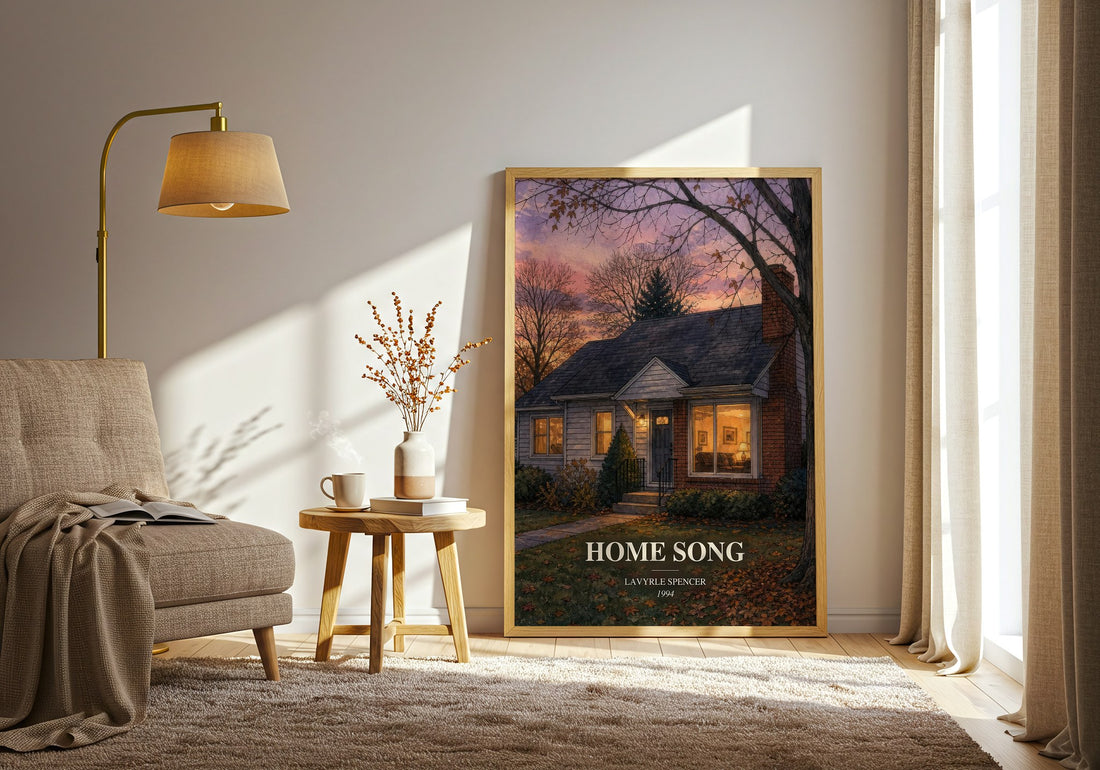 Home Song watercolour print in frame leaning in hallway – romance wall art (mockup)