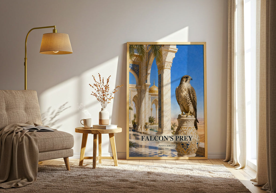 Falcon's Prey watercolour print in frame leaning in hallway – romance wall art (mockup)