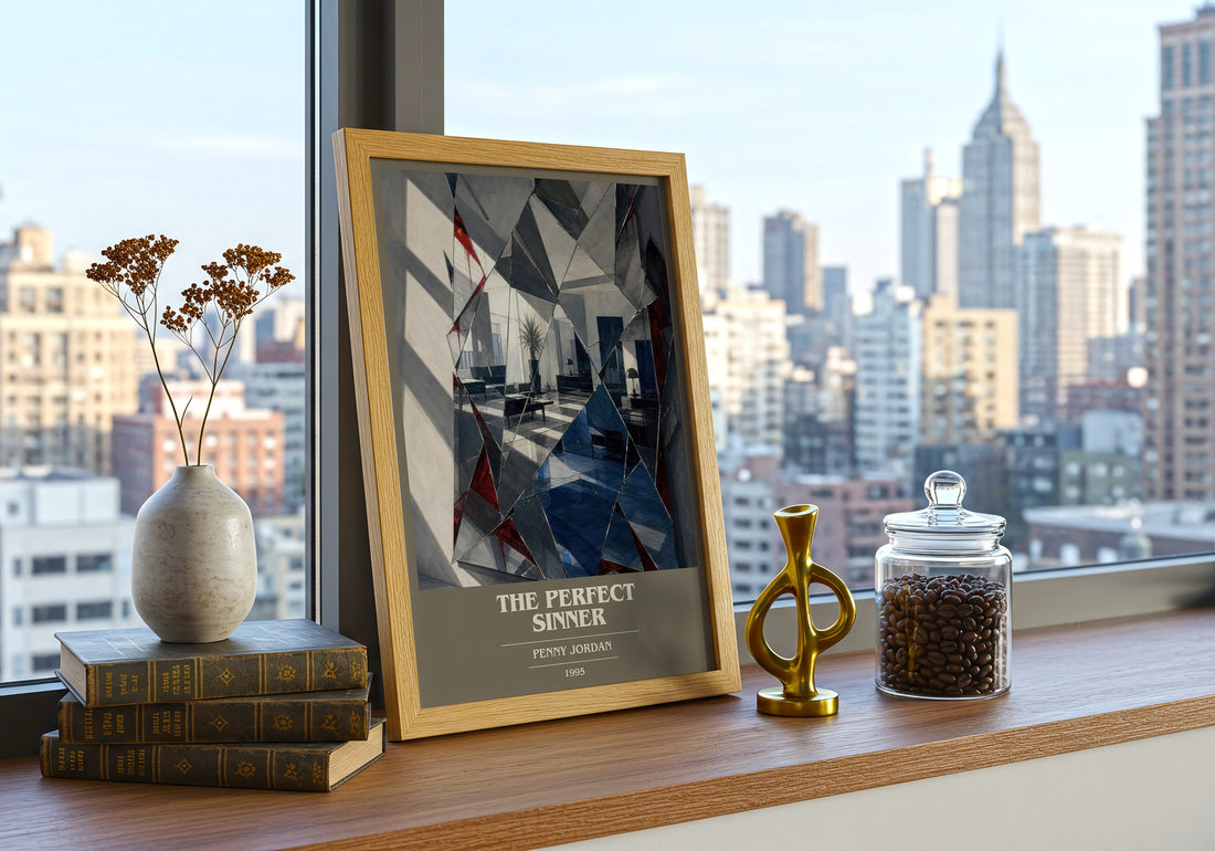 The Perfect Sinner book cover print framed by window – literary home decor