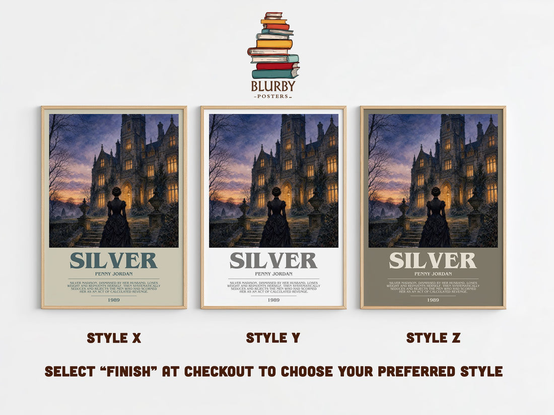 Silver bookish print in frame leaning in hallway – romance wall art (mockup)