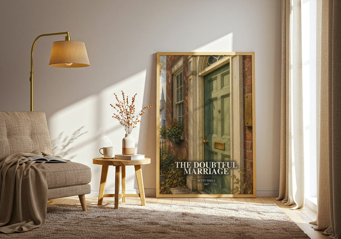 The Doubtful Marriage watercolour print in frame leaning in hallway – romance wall art (mockup)