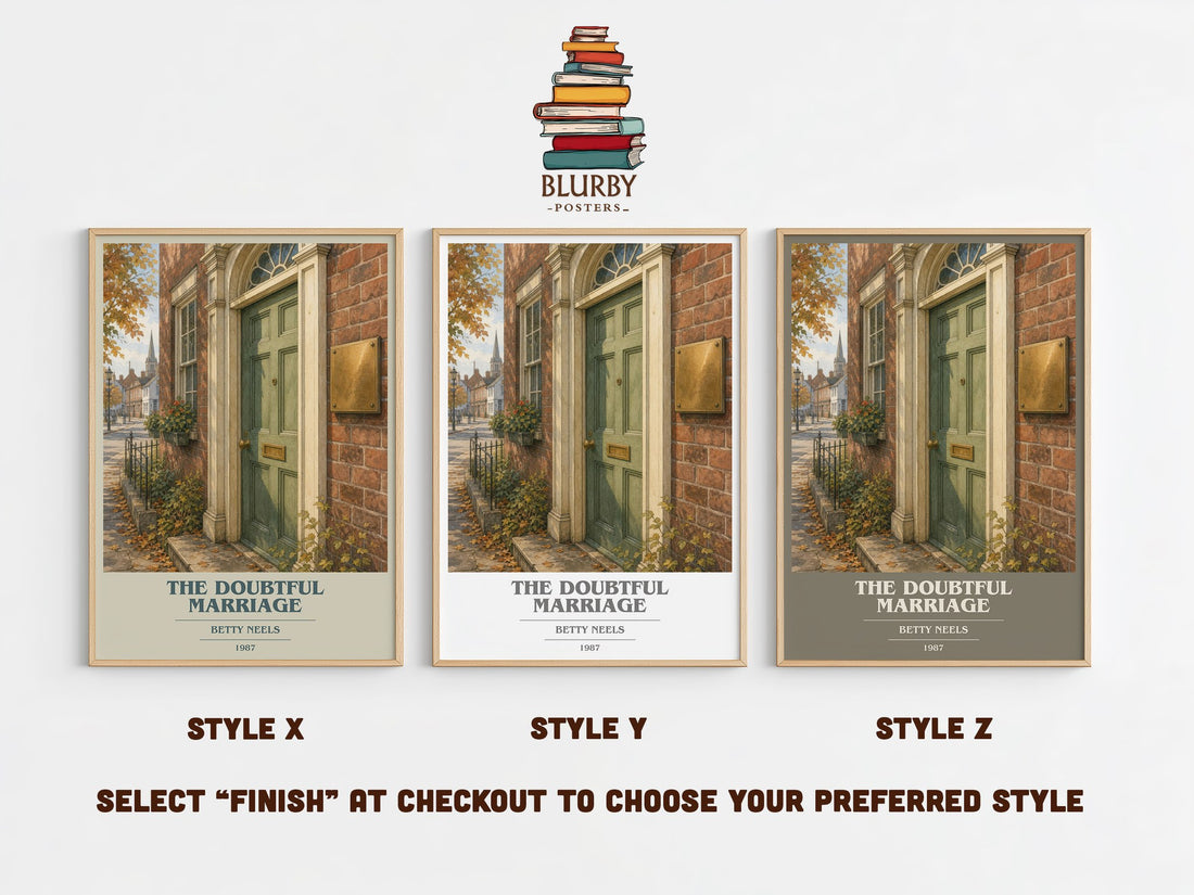 The Doubtful Marriage book cover print in frame leaning in hallway – romance wall art (mockup)