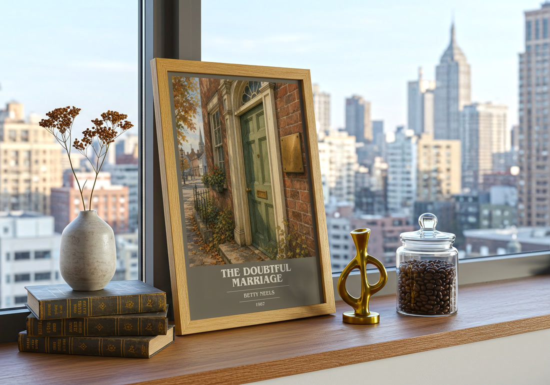 The Doubtful Marriage book cover print framed by window – literary home decor