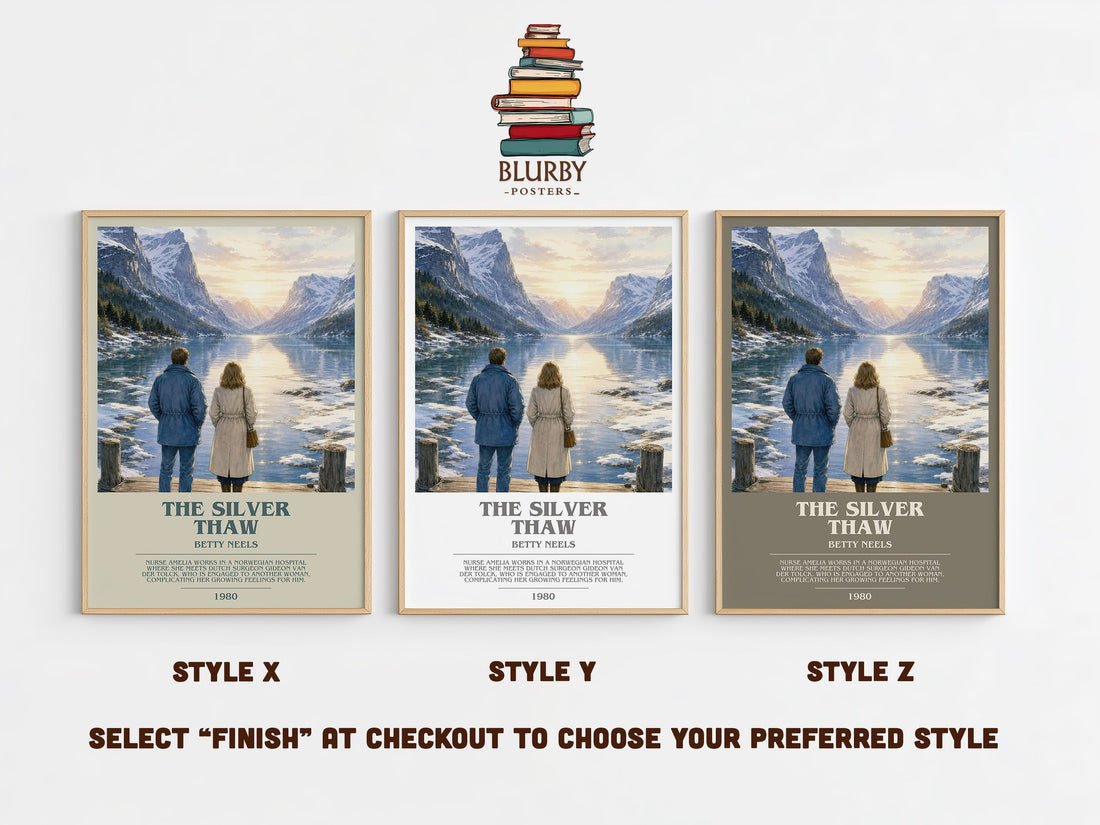 The Silver Thaw bookish print in frame leaning in hallway – romance wall art (mockup)