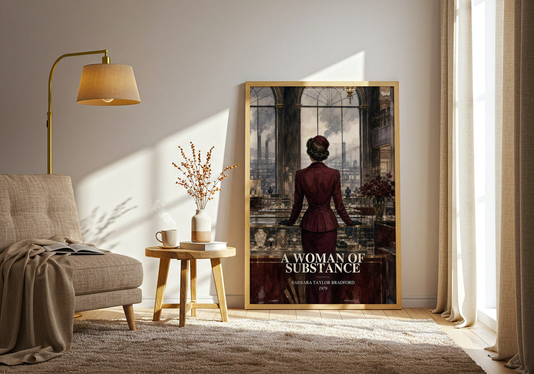 A Woman of Substance watercolour print in frame leaning in hallway – historical fiction wall art (mockup)