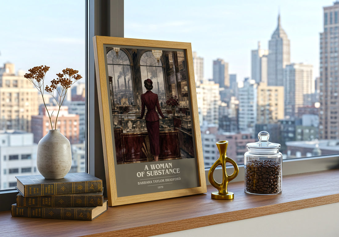A Woman of Substance book cover print framed by window – literary home decor
