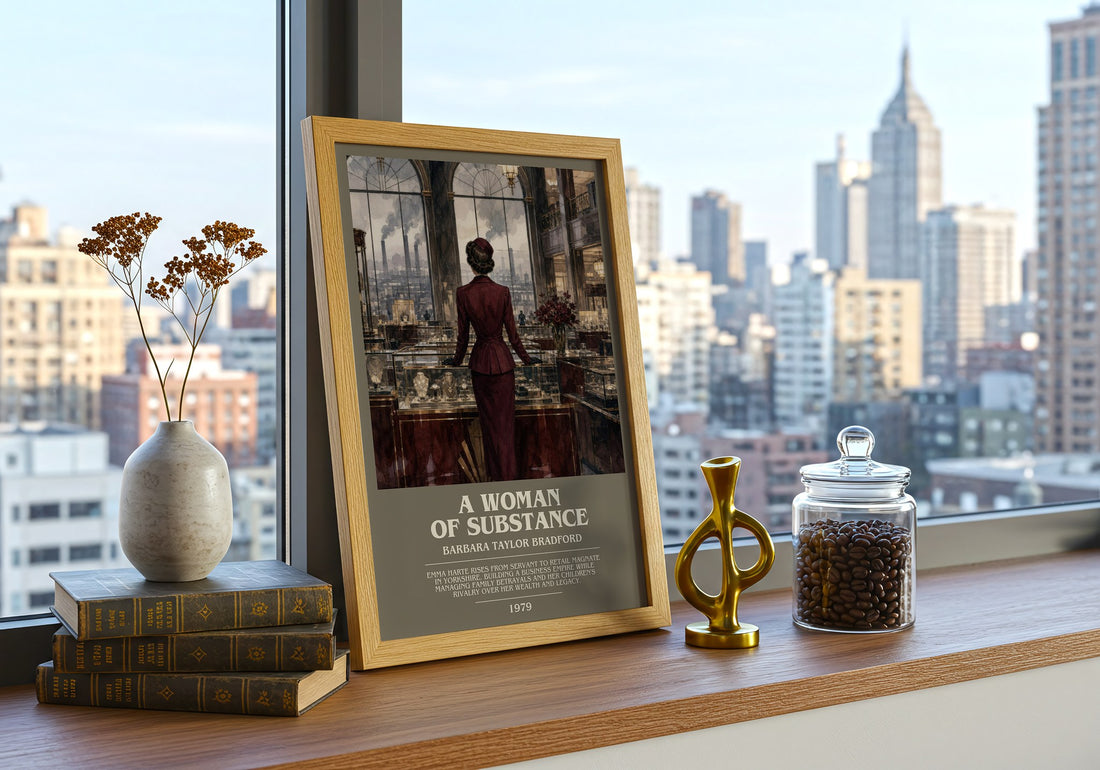 A Woman of Substance bookish print framed by window – literary home decor