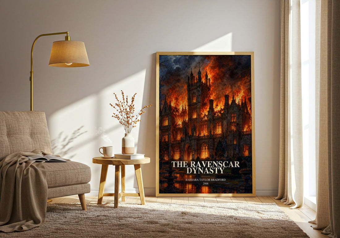 The Ravenscar Dynasty watercolour print in frame leaning in hallway – historical fiction wall art (mockup)
