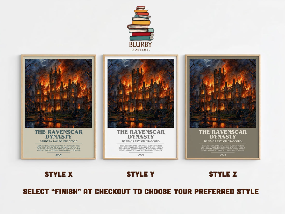 The Ravenscar Dynasty bookish print in frame leaning in hallway – historical fiction wall art (mockup)