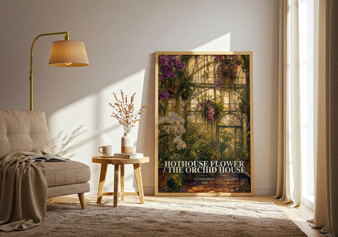 Hothouse Flower / The Orchid House watercolour print in frame leaning in hallway – historical fiction wall art (mockup)