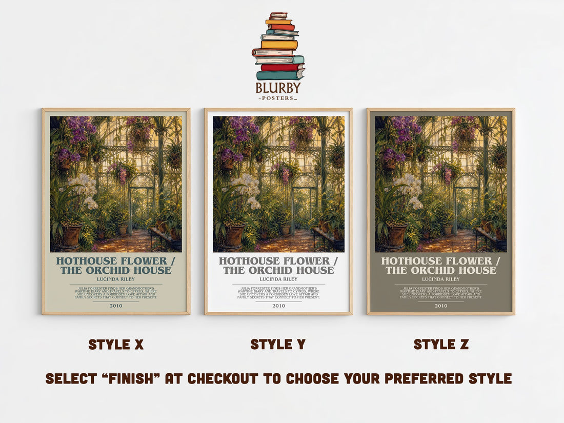 Hothouse Flower / The Orchid House bookish print in frame leaning in hallway – historical fiction wall art (mockup)
