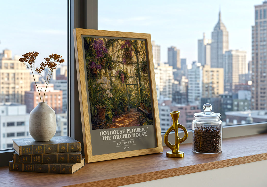 Hothouse Flower / The Orchid House book cover print framed by window – literary home decor