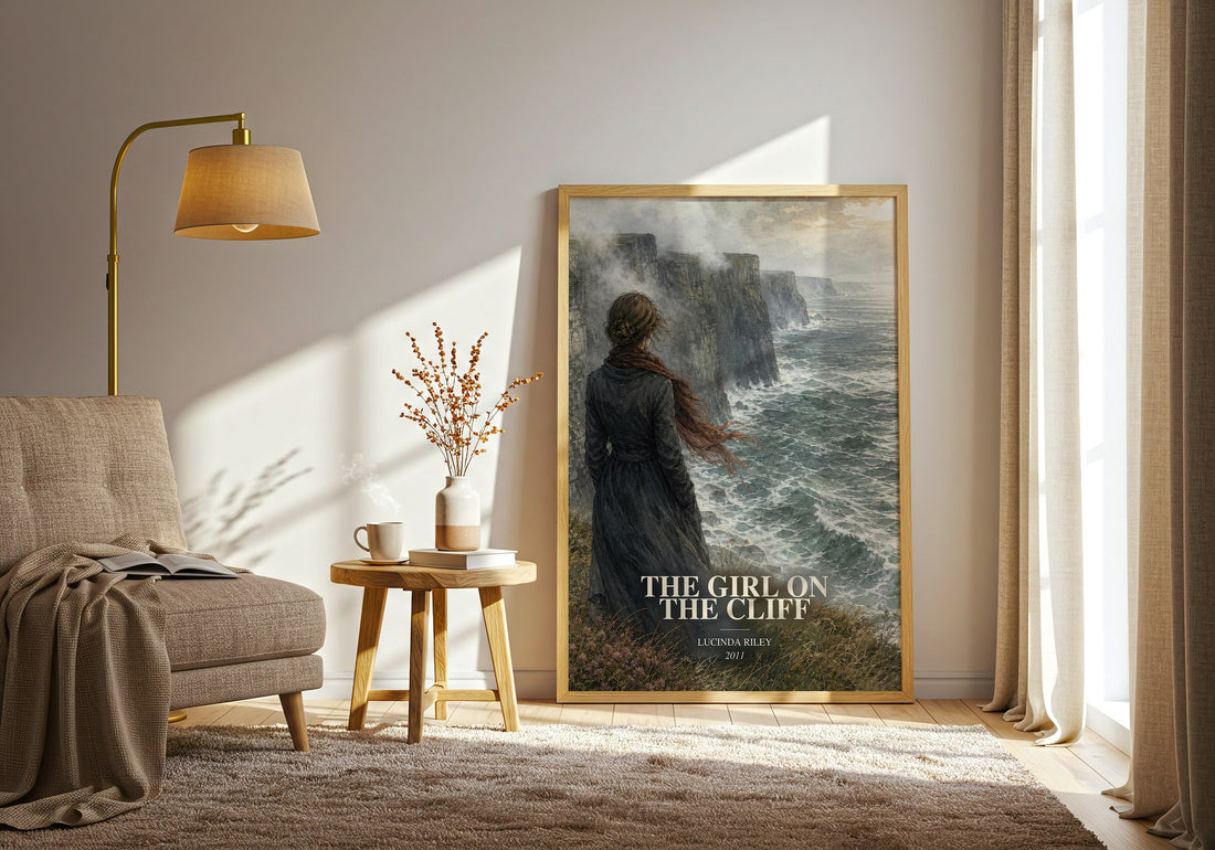 The Girl on the Cliff watercolour print in frame leaning in hallway – romance wall art (mockup)