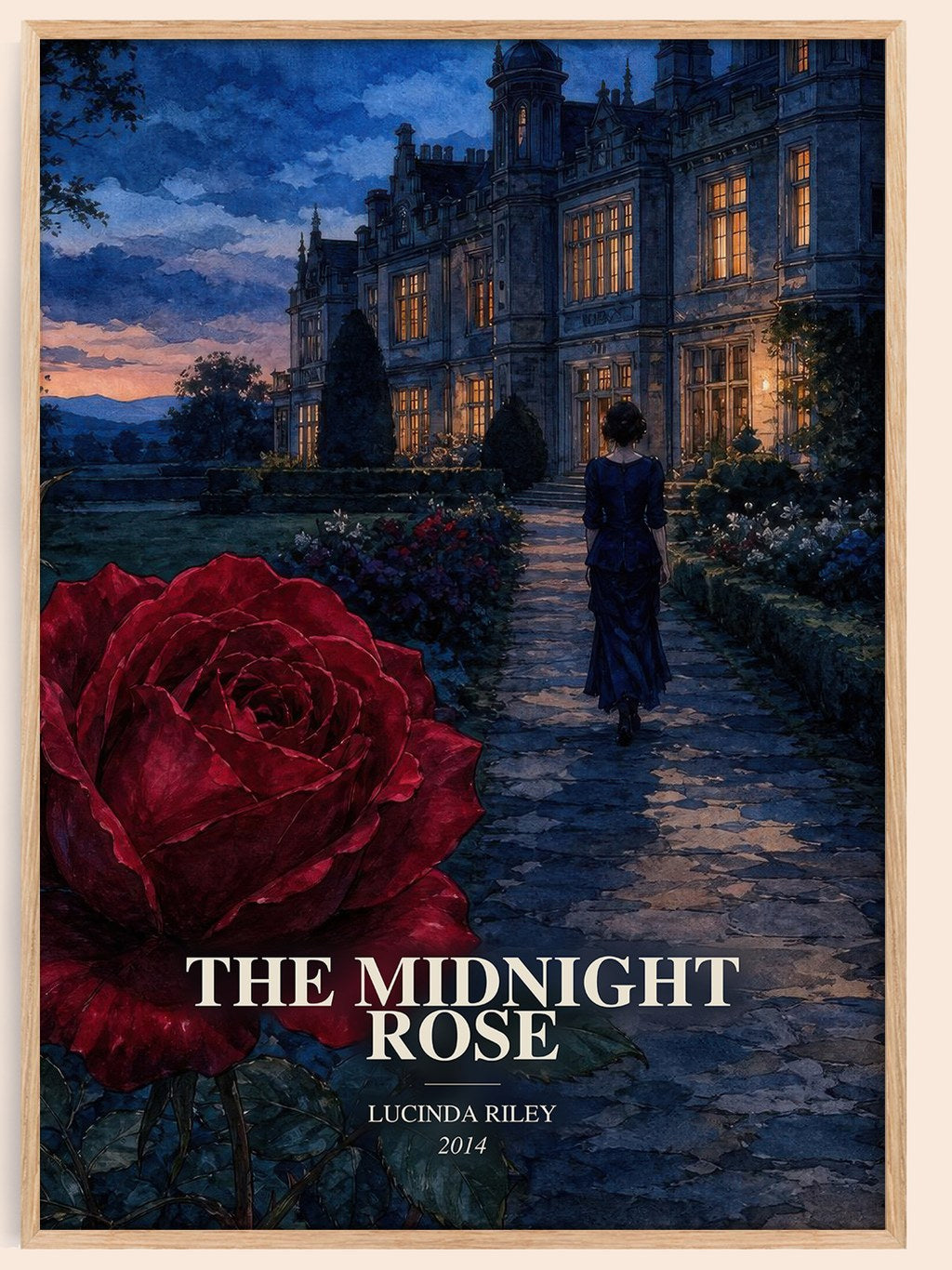 The Midnight Rose watercolour book poster by Lucinda Riley – framed literary art print
