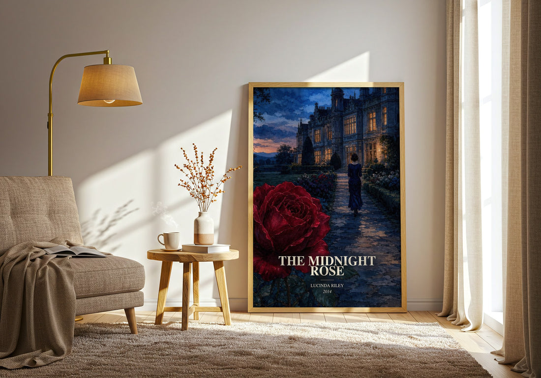 The Midnight Rose watercolour print in frame leaning in hallway – historical fiction wall art (mockup)