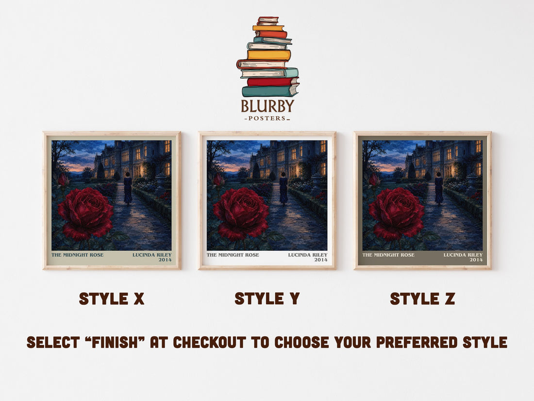 The Midnight Rose literary print in frame leaning in hallway – historical fiction wall art (mockup)