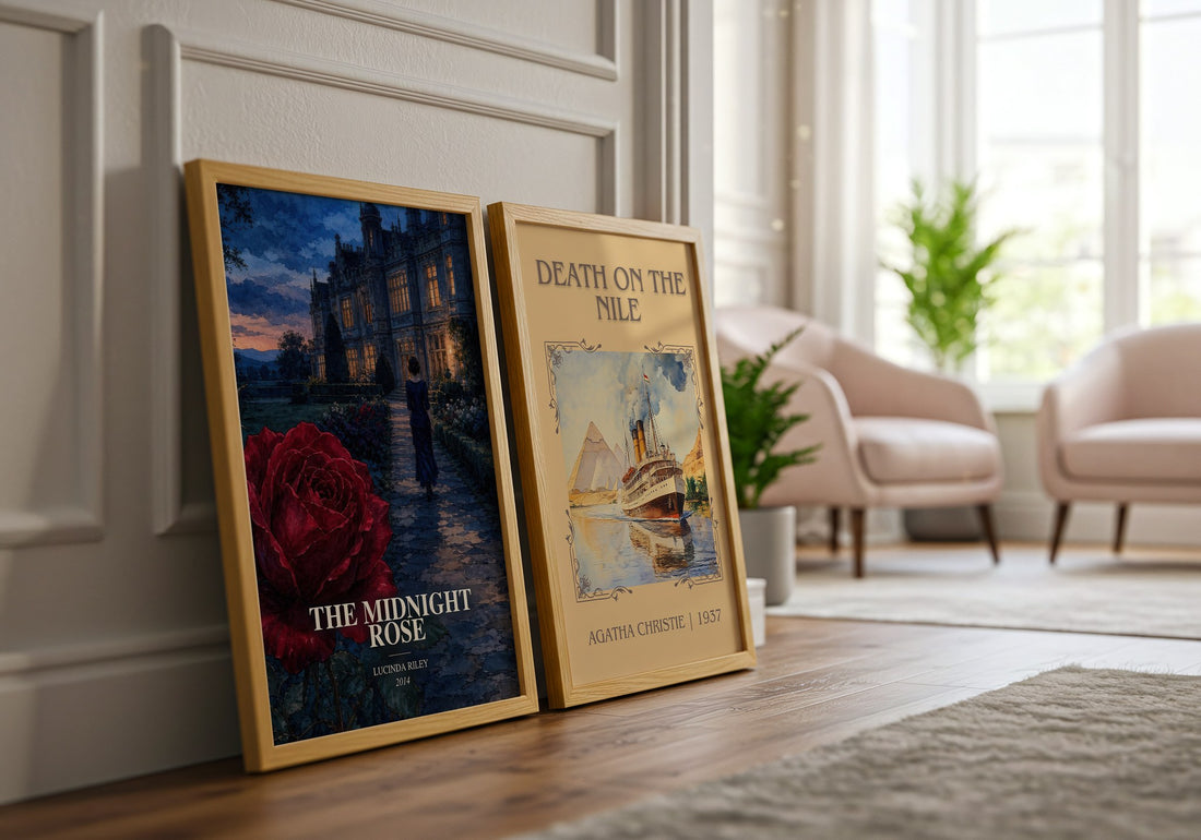 The Midnight Rose watercolour print framed by window – literary home decor