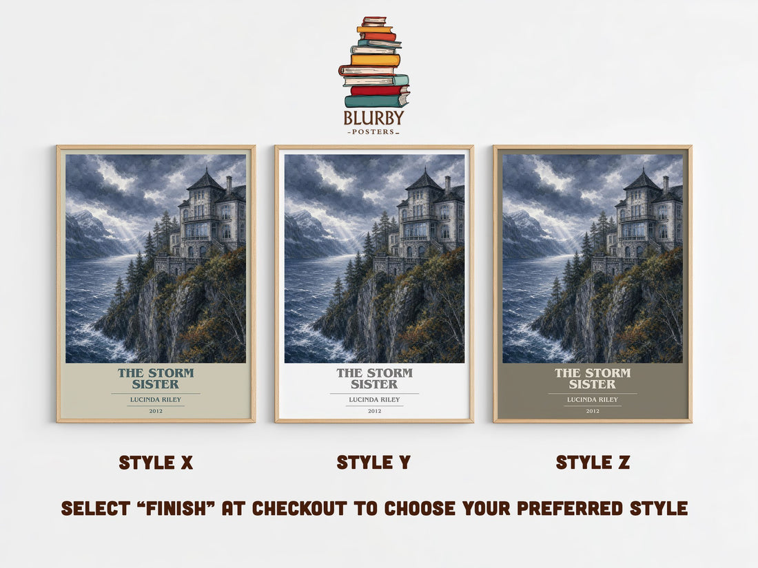 The Storm Sister book cover print in frame leaning in hallway – contemporary fiction wall art (mockup)