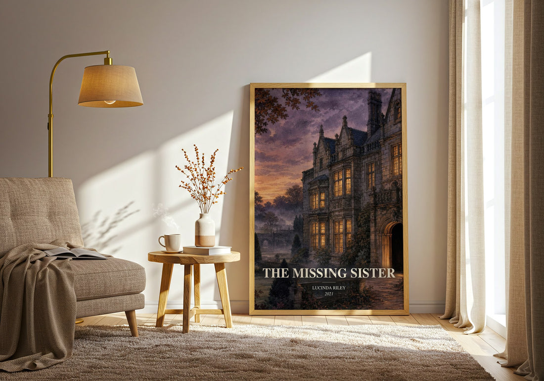 The Missing Sister watercolour print in frame leaning in hallway – contemporary fiction wall art (mockup)