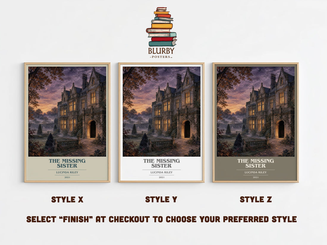 The Missing Sister book cover print in frame leaning in hallway – contemporary fiction wall art (mockup)