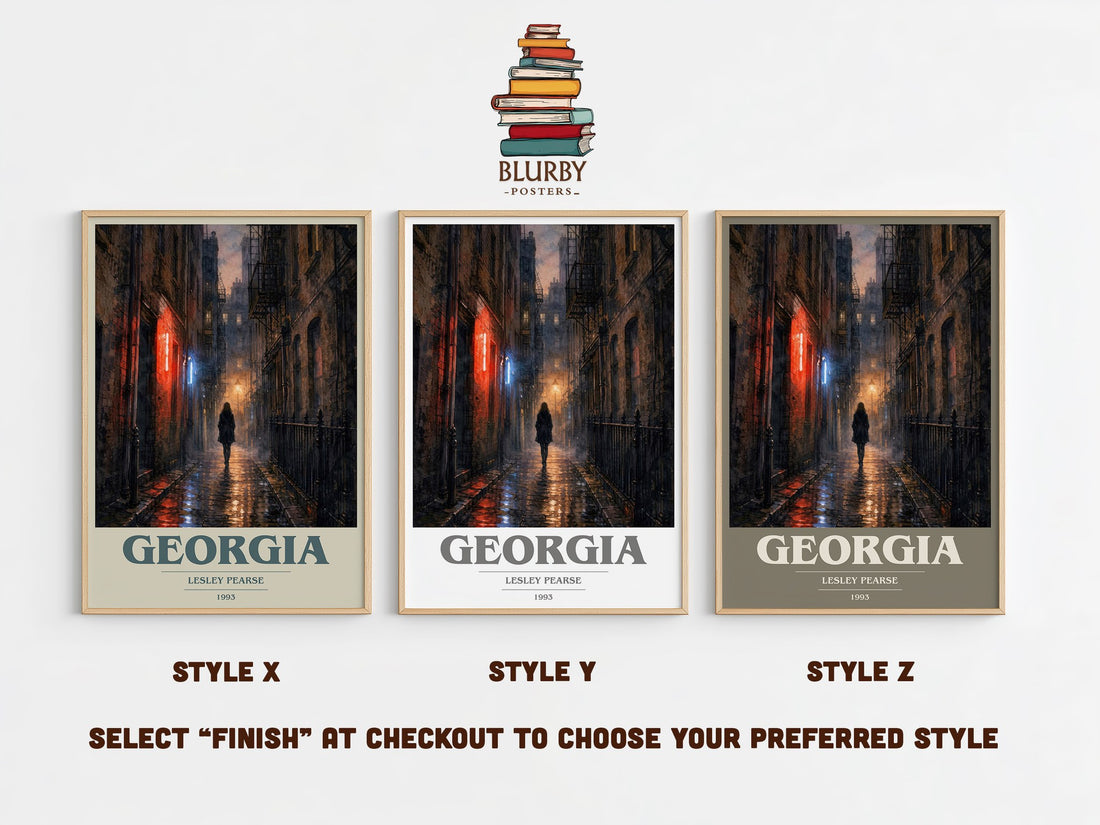 Georgia book cover print in frame leaning in hallway – contemporary fiction wall art (mockup)