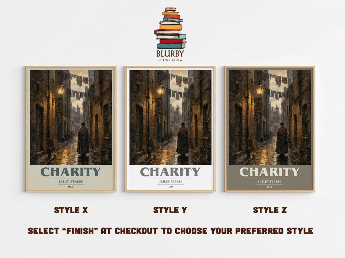 Charity book cover print in frame leaning in hallway – contemporary fiction wall art (mockup)