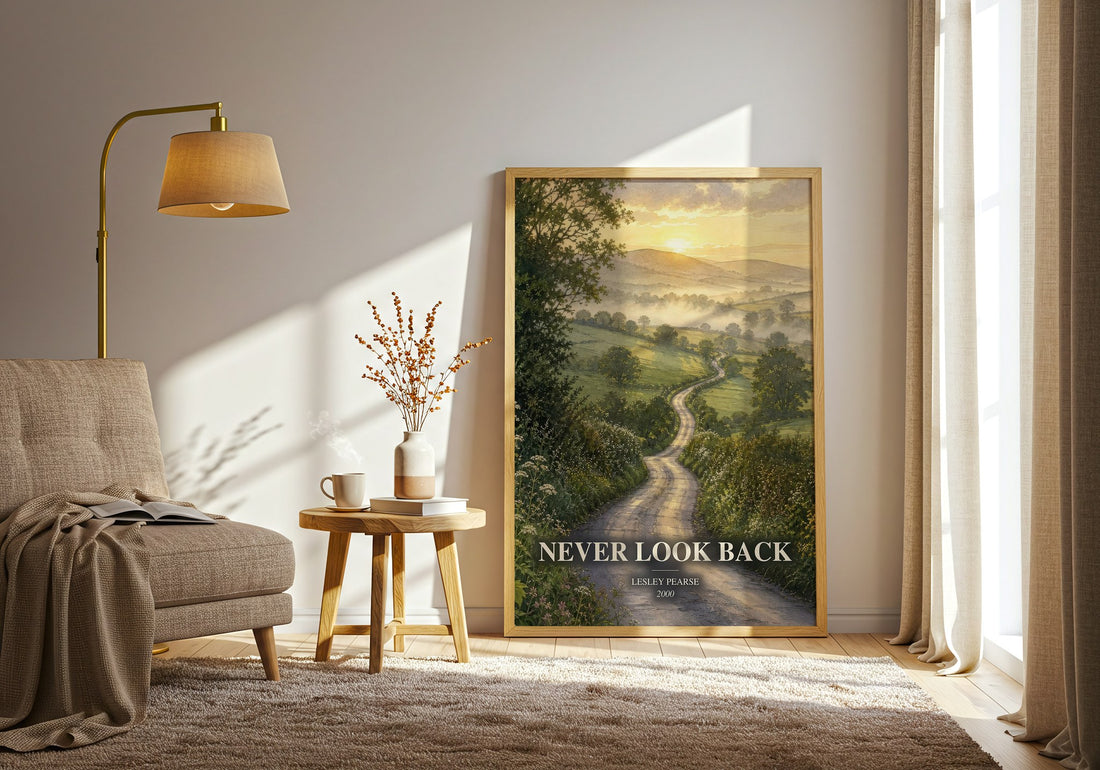 Never Look Back watercolour print in frame leaning in hallway – historical fiction wall art (mockup)