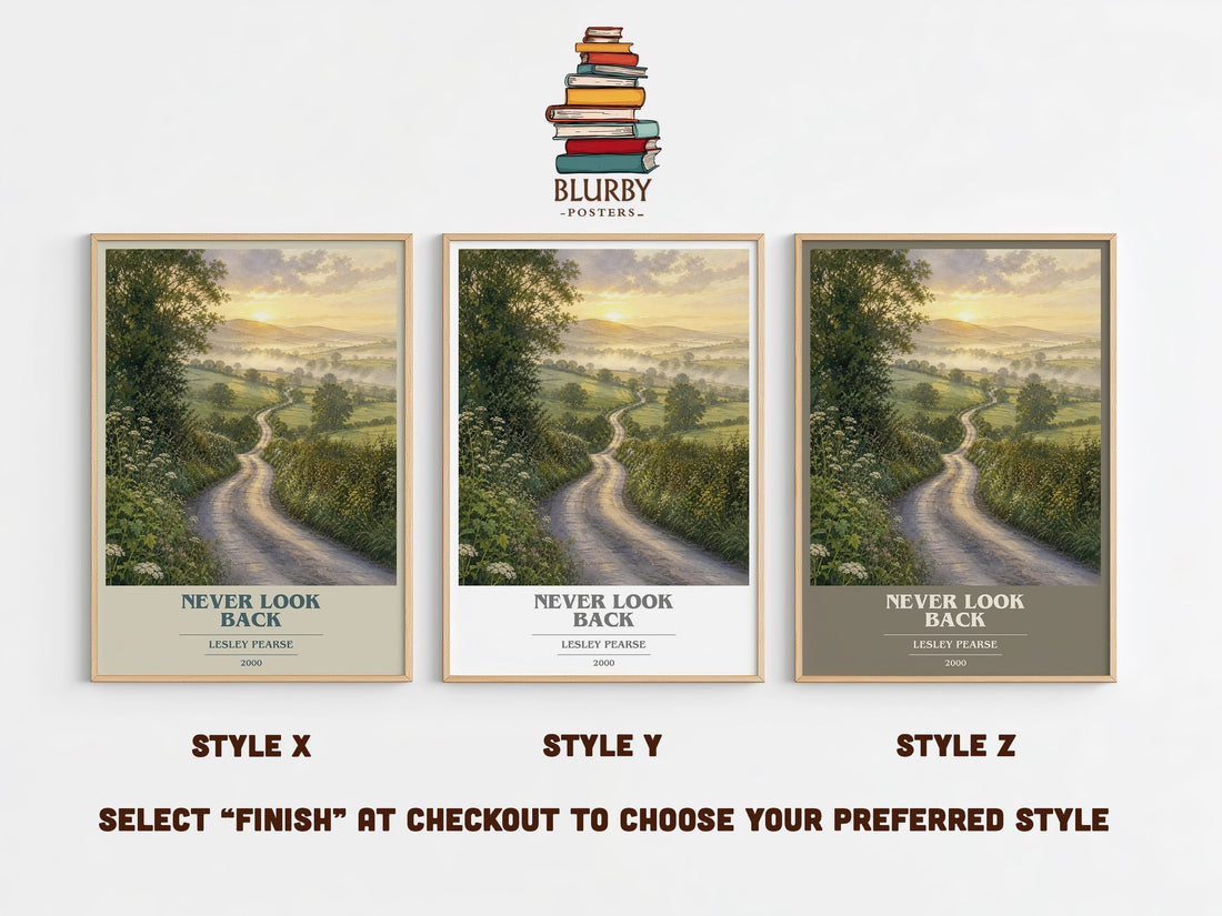 Never Look Back book cover print in frame leaning in hallway – historical fiction wall art (mockup)