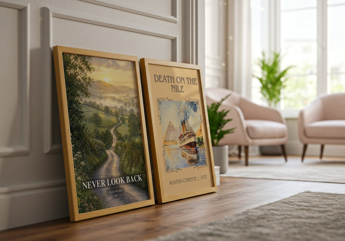 Never Look Back watercolour print framed by window – literary home decor