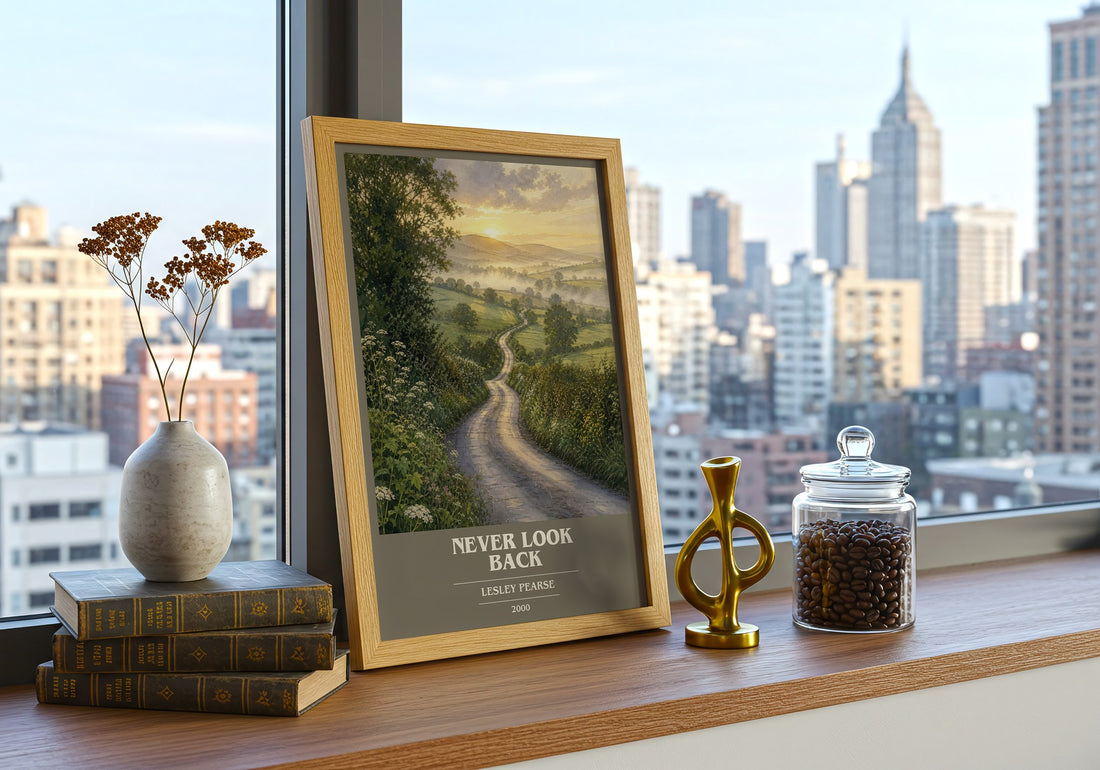 Never Look Back book cover print framed by window – literary home decor