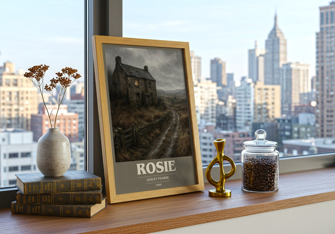 Rosie book cover print framed by window – literary home decor