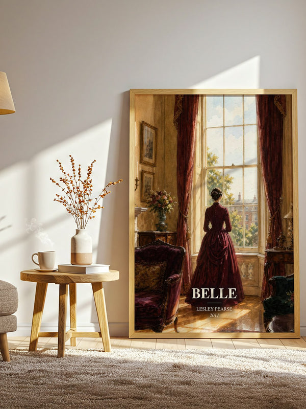 Belle watercolour print in frame leaning in hallway – historical fiction wall art