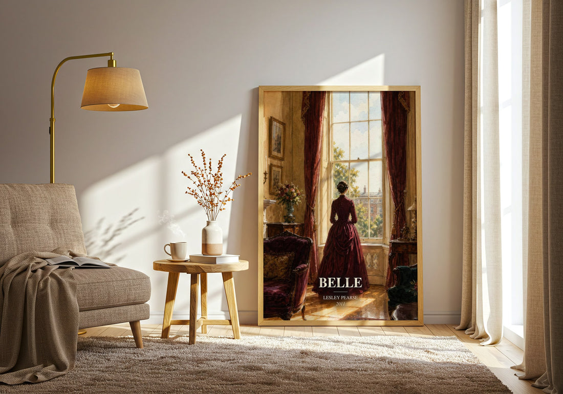 Belle watercolour print in frame leaning in hallway – historical fiction wall art (mockup)