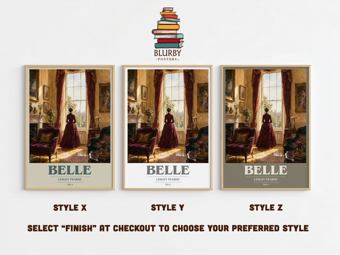 Belle book cover print in frame leaning in hallway – historical fiction wall art (mockup)