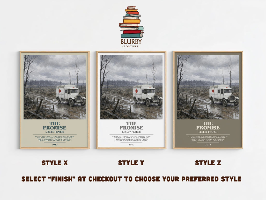 The Promise bookish print in frame leaning in hallway – historical fiction wall art (mockup)