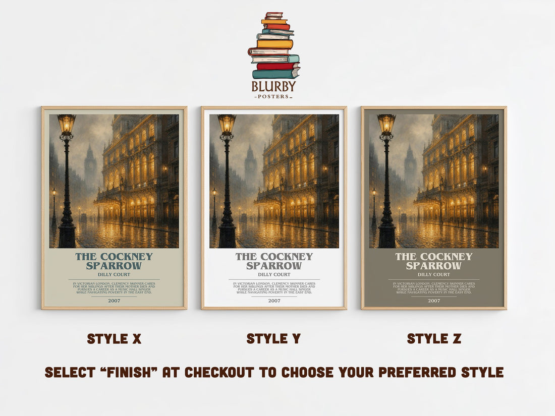 The Cockney Sparrow bookish print in frame leaning in hallway – historical fiction wall art (mockup)
