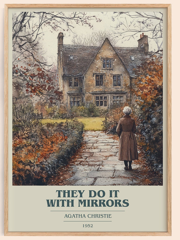They Do It with Mirrors book cover print in frame leaning in hallway – mystery wall art