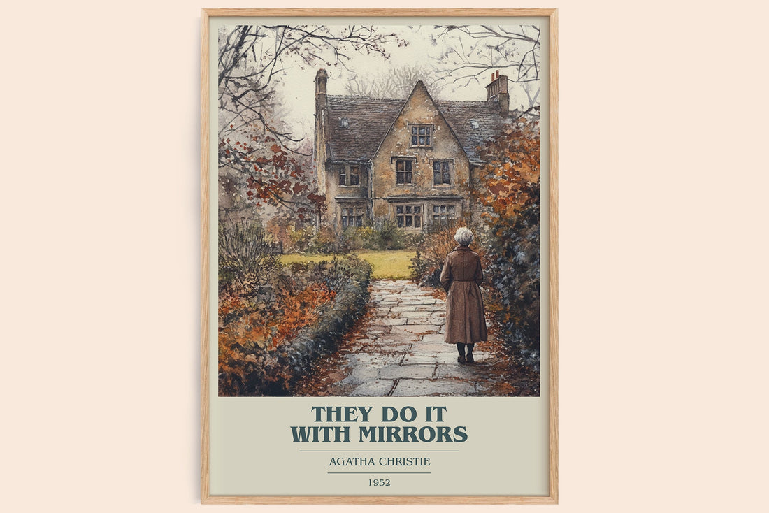 They Do It with Mirrors book cover print in frame leaning in hallway – mystery wall art (mockup)