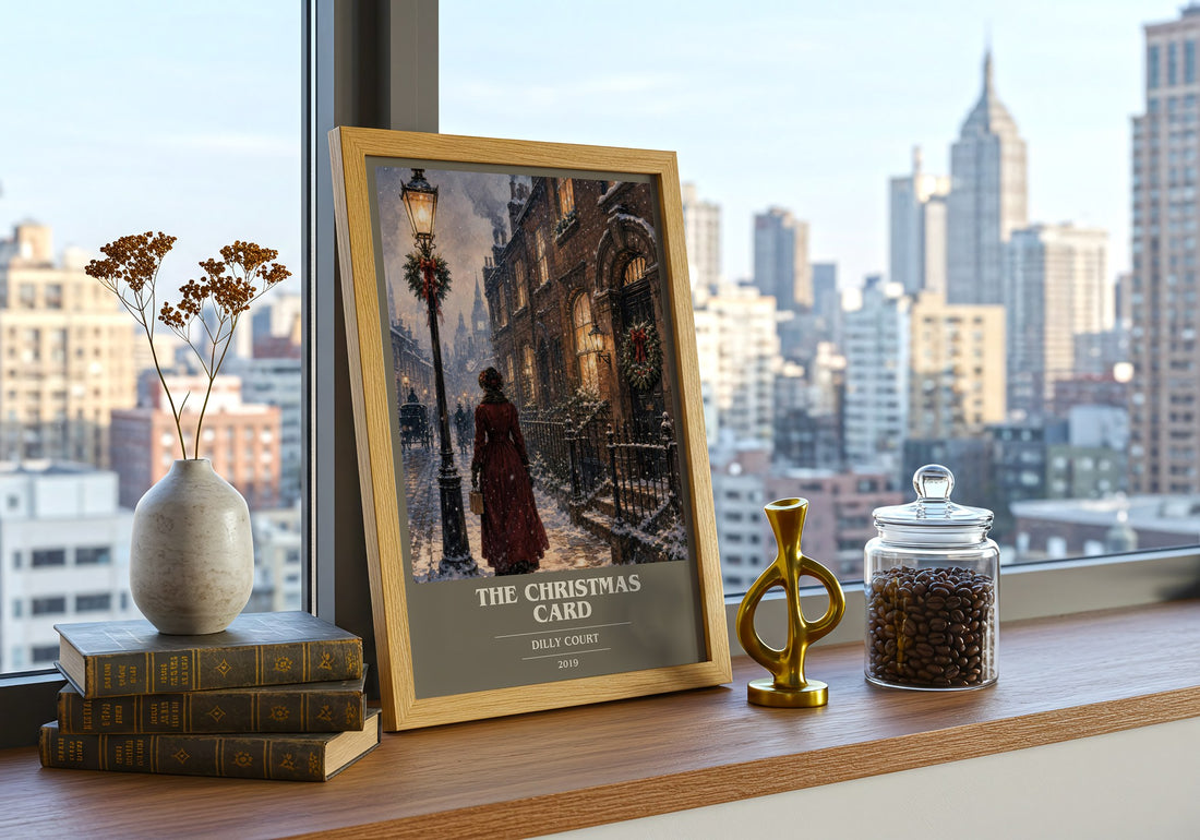 The Christmas Card book cover print framed by window – literary home decor