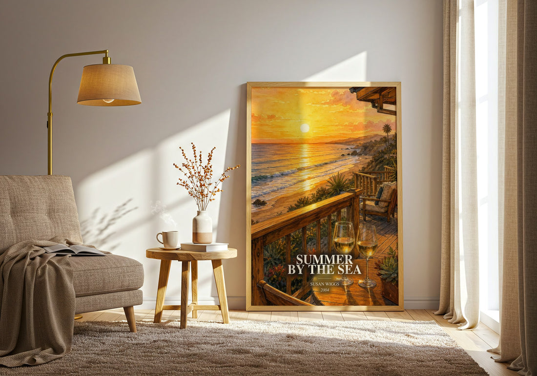 Summer by the Sea watercolour print in frame leaning in hallway – romance wall art (mockup)