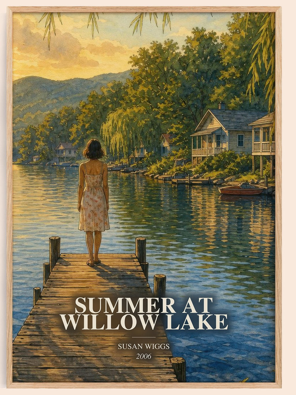 Summer at Willow Lake watercolour book poster by Susan Wiggs – framed literary art print