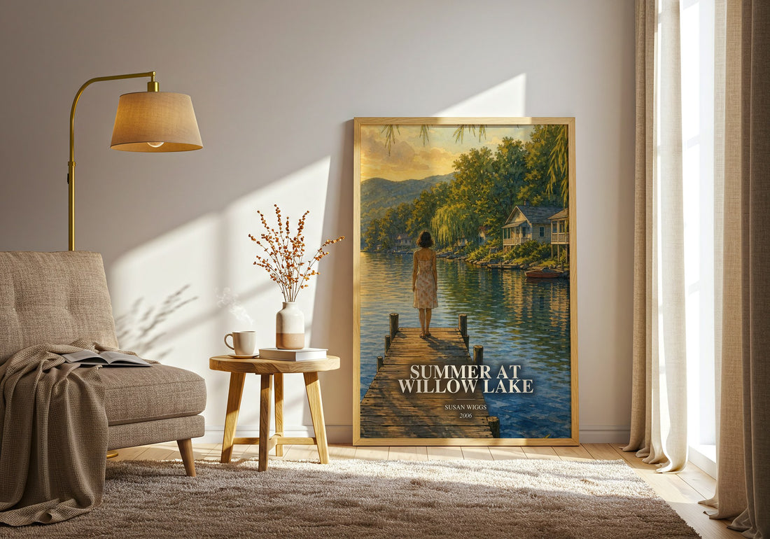Summer at Willow Lake watercolour print in frame leaning in hallway – romance wall art (mockup)
