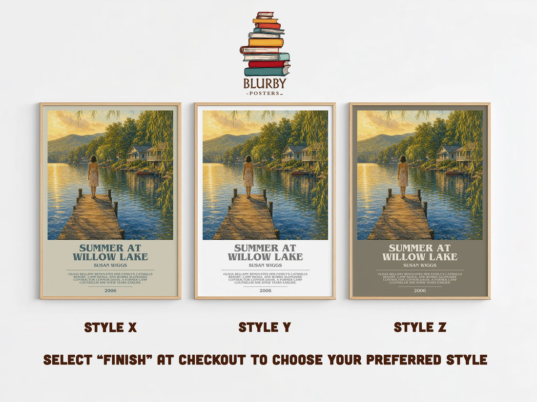 Summer at Willow Lake bookish print in frame leaning in hallway – romance wall art (mockup)