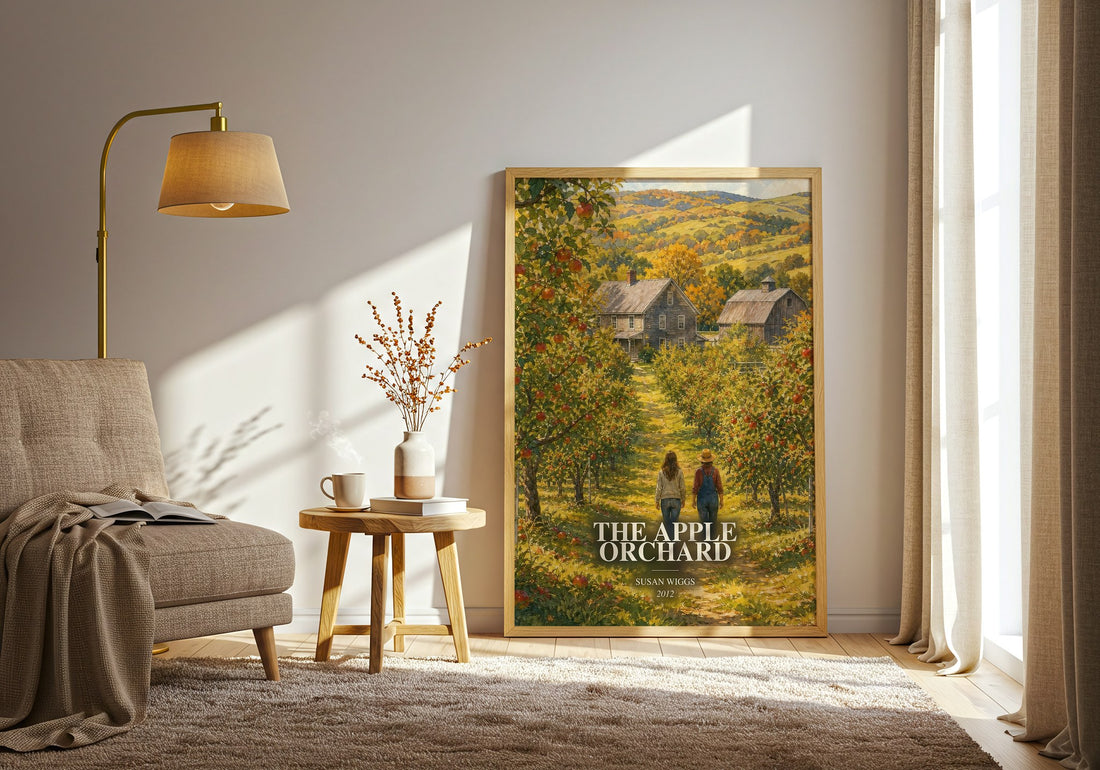 The Apple Orchard watercolour print in frame leaning in hallway – romance wall art (mockup)