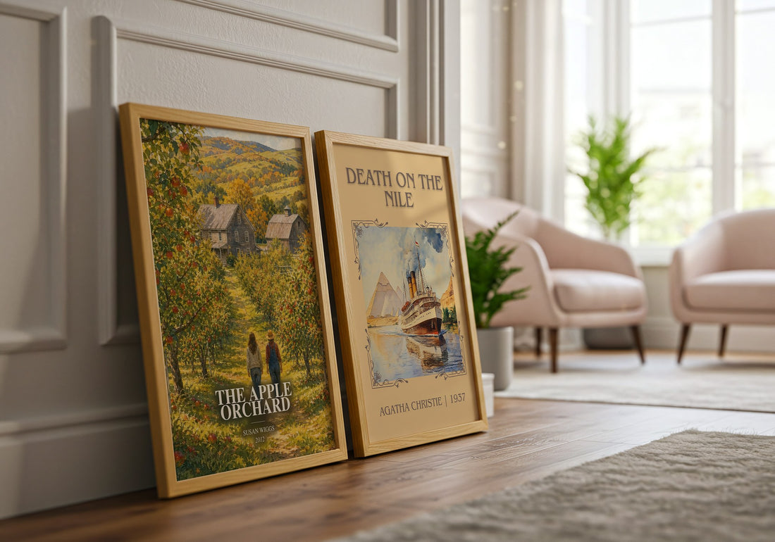 The Apple Orchard watercolour print framed by window – literary home decor