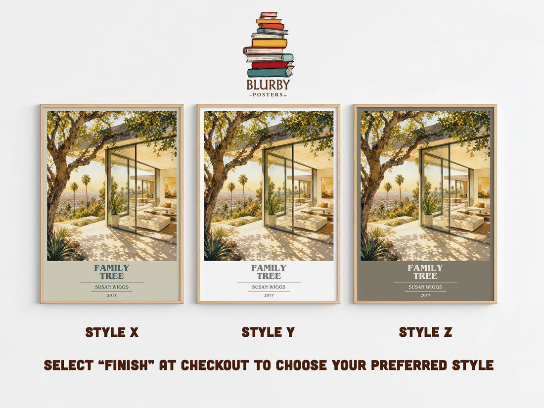 Family Tree book cover print in frame leaning in hallway – contemporary fiction wall art (mockup)
