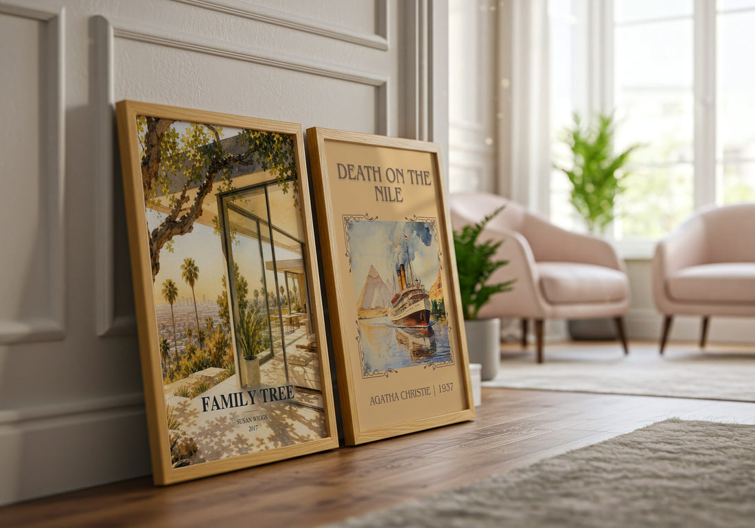 Family Tree watercolour print framed by window – literary home decor